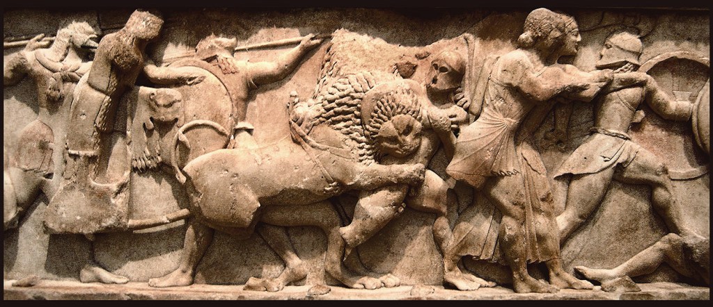 Relief of the Siphnian Treasury, Delphi, depicting a Gigantomachy, c. 525 BC. Delphi Archaeological Museum.