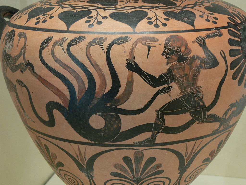 Heracles fighting the Lernaean Hydra, black-figure hydria, c. 525 BC. Getty Villa.