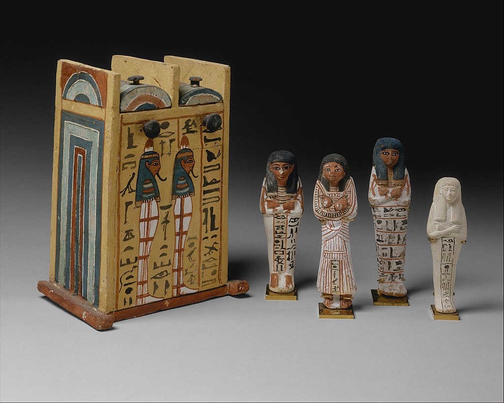 Four ushabtis of Khabekhnet and their box, c. 1279–1213 BC, painted limestone. Metropolitan Museum of Art.