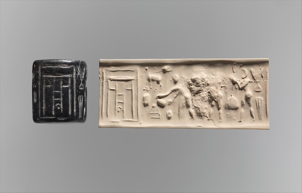 Cylinder seal and impression in which appears a ritual scene before a temple façade; 3500–3100 BC.  Metropolitan Museum of Art