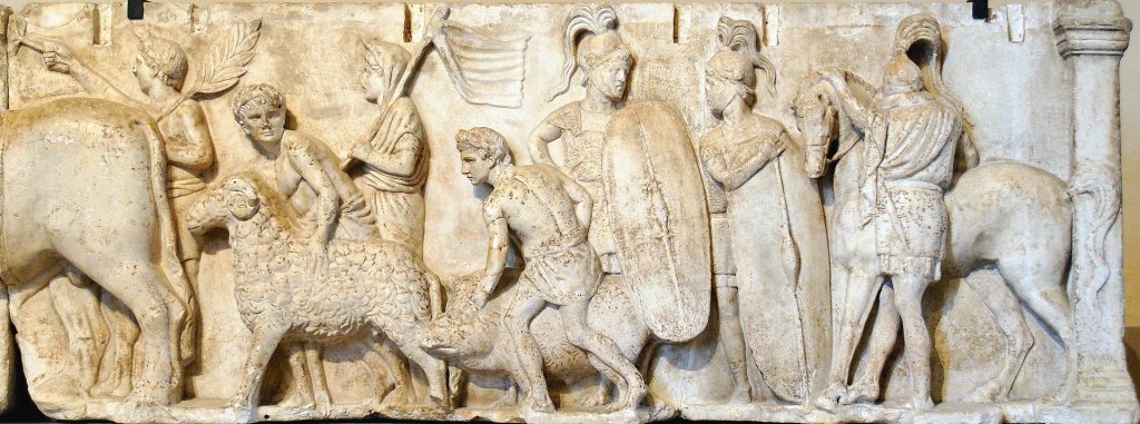 Detail from the Ahenobarbus relief showing two Roman soldiers, c. 122 BC. Louvre.