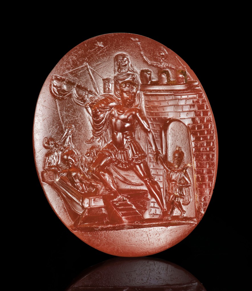 Carnelian intaglio depicting Aeneas' escape from Troy, 1st c. BC.