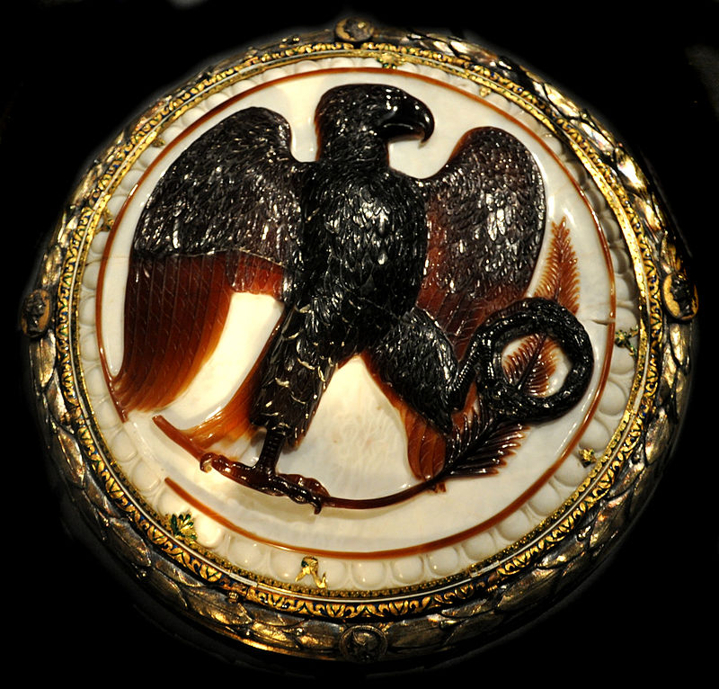 Eagle cameo. Two-layered onyx depicitng an eagle with a laurel wreath, c. 27 BC.