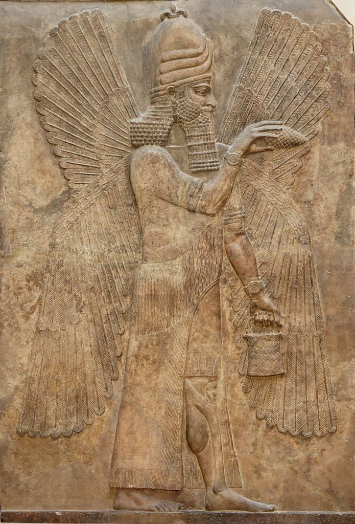 A four-winged genie in the Bucket and cone motif. Relief from the north wall of the Palace of king Sargon II at Dur Sharrukin, 713–716 BC.