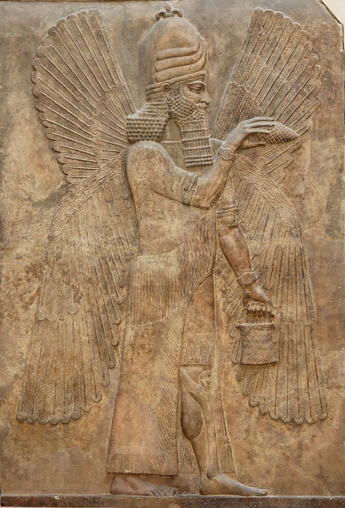 A four-winged genie in the Bucket and cone motif. Relief from the north wall of the Palace of king Sargon II at Dur Sharrukin, 713–716 BC.