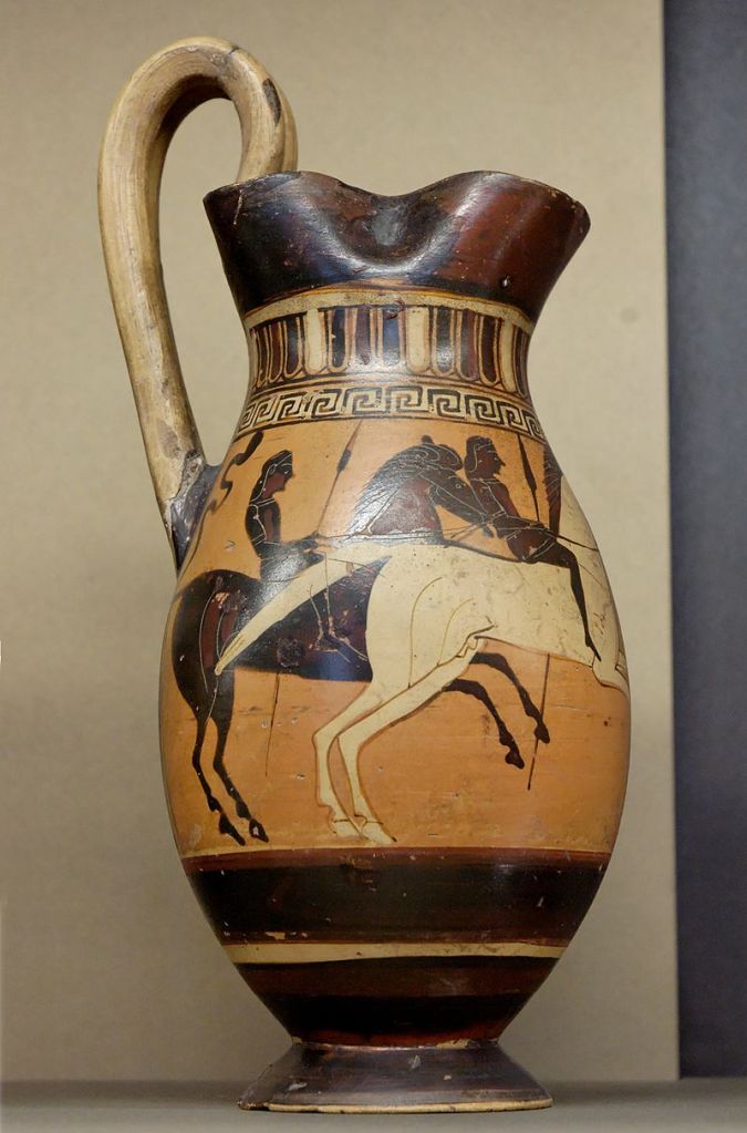 Horseman, Corinthian black-figure olpe, c. 575-550 BC. Louvre.
