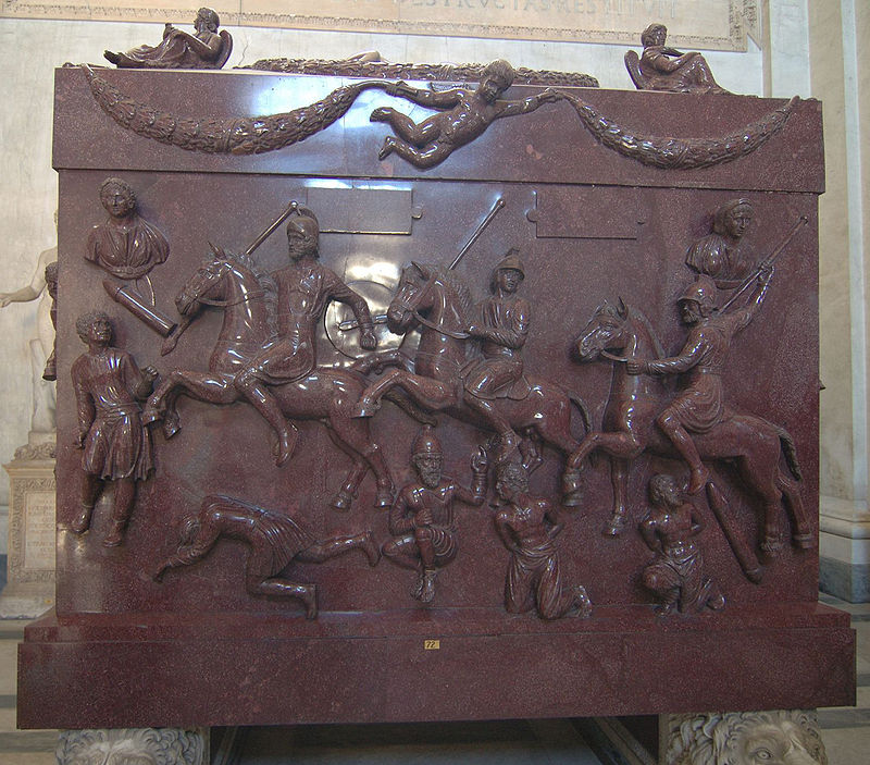 Sarcophagus of Helen, mother of Constantine, c. 330 AD. Victorious Roman cavalry riding above captured barbarians. Vatican Museum.
