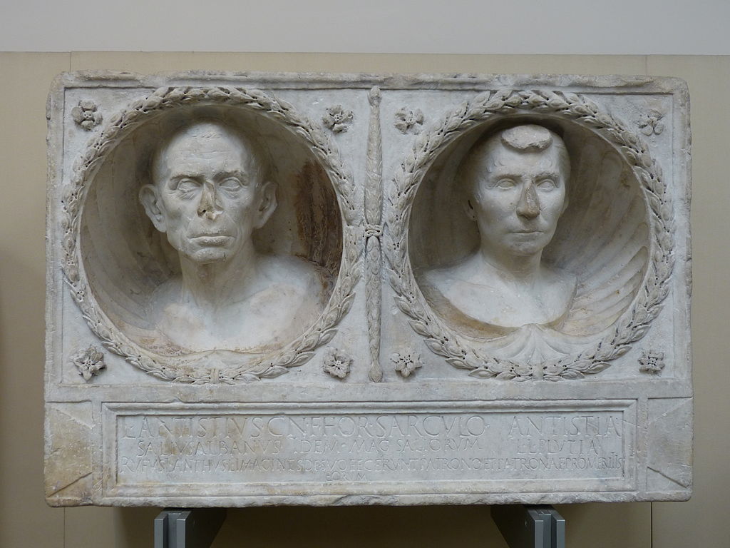 Funerary relief of L. Antistius Sarculo and his wife Antistia Plutia, c. 30–10 BC. Rome.