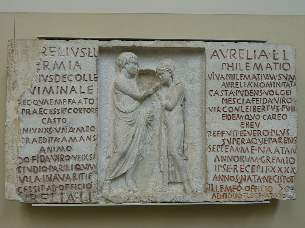 Funerary relief of Aurelius Hermia and his wife Aurelia Philematum, former slaves who married after their manumission, 80 BC, from a tomb along the Via Nomentana in Rome.