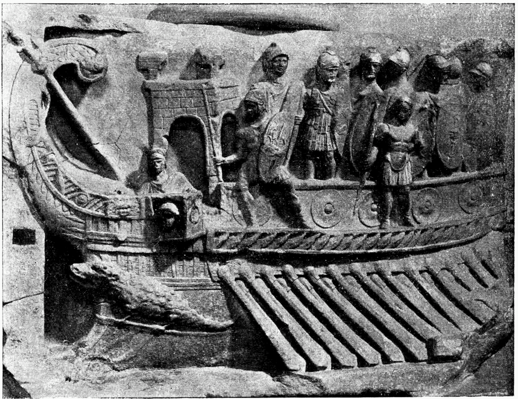 A Roman naval bireme depicted in a relief from the Temple of Fortuna Primigenia, Praeneste. Vatican Museum.