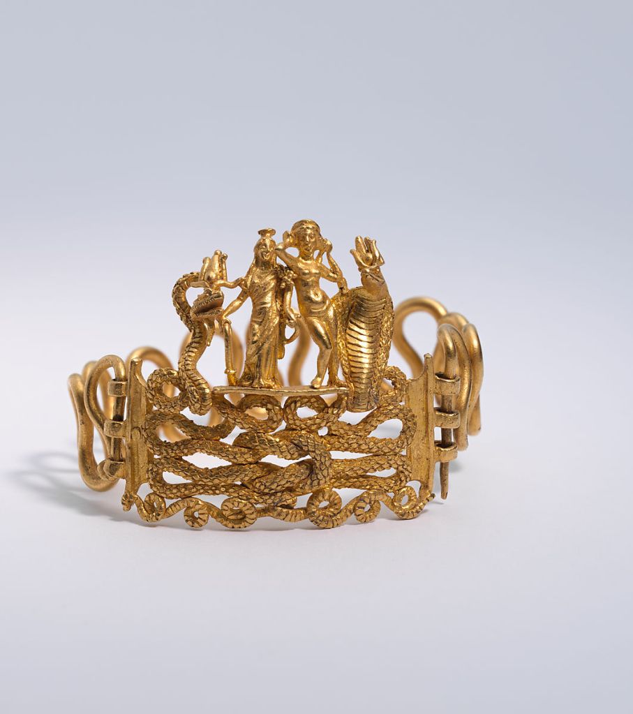 Gold bracelet with Agathodaimon, Isis-Tyche, Aphrodite, and Thermouthis, 1st c. AD.
