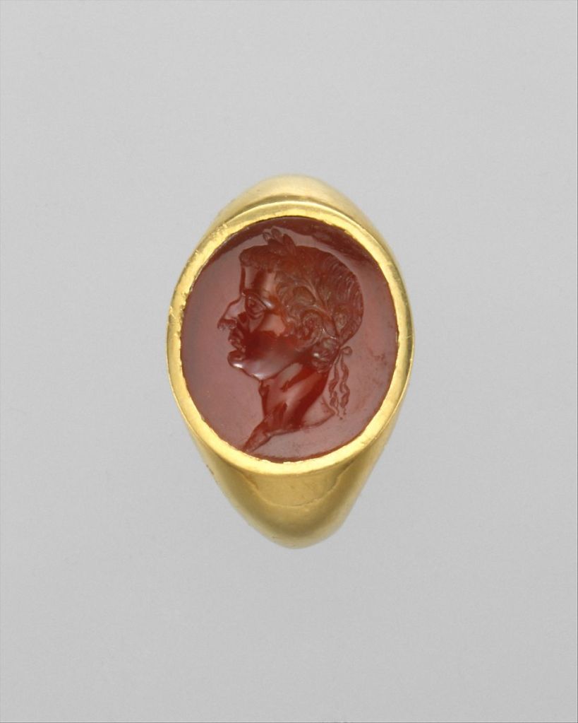 Gold ring with a carnelian intaglio of Tiberius. 1st c. AD.