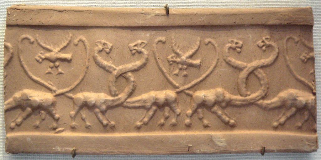 Cylinder seal with serpopards and lion-headed eagles; 4100–3000 BC; jasper. Louvre.